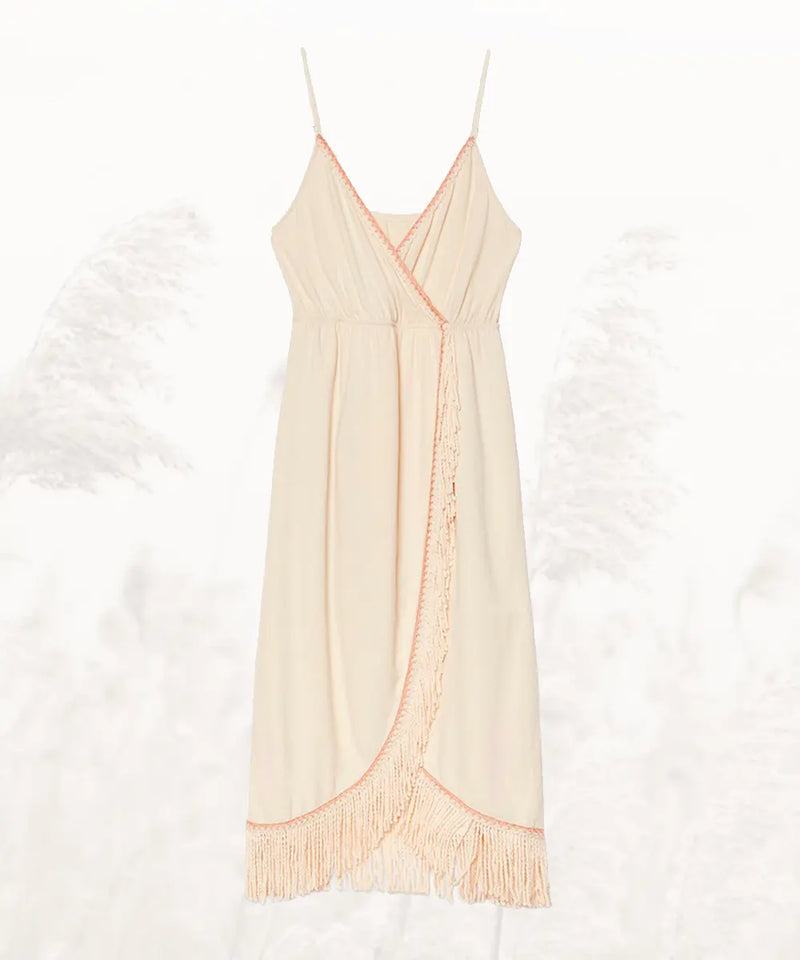 Kilian Fringed Midi Wrap Dress Ivory