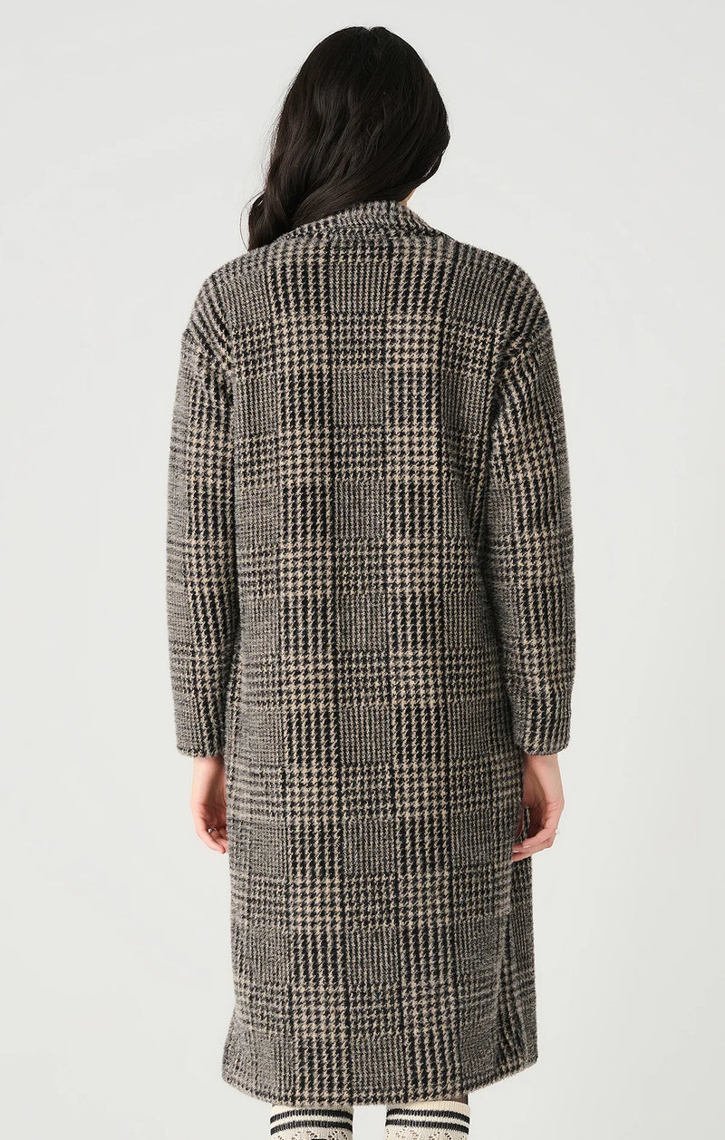 Long Sleeve Soft Knit Coat - Houndstooth Plaid