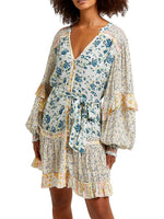 Mixed-Floral Long Blouson-Sleeve Mini Dress